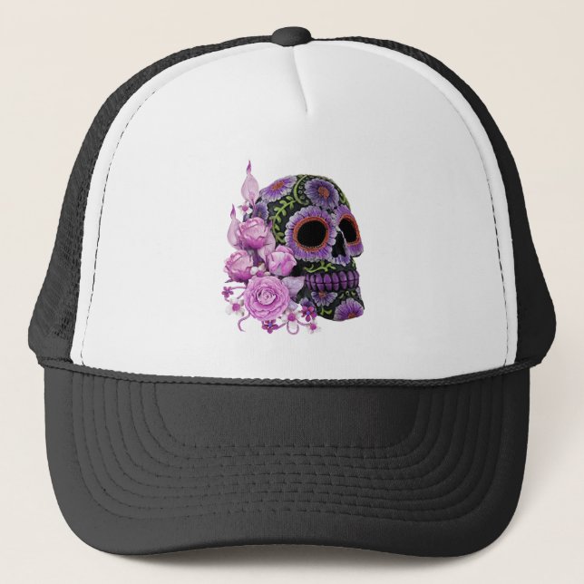 Gorra De Camionero Día De La Muerte Del Cráneo De Azúcar Negro De Flo (Anverso)