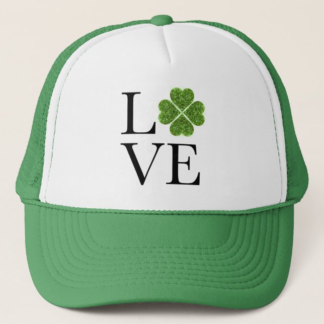 Gorra De Camionero Día de San Patricio Amor purpurina verde shamrock (Anverso)
