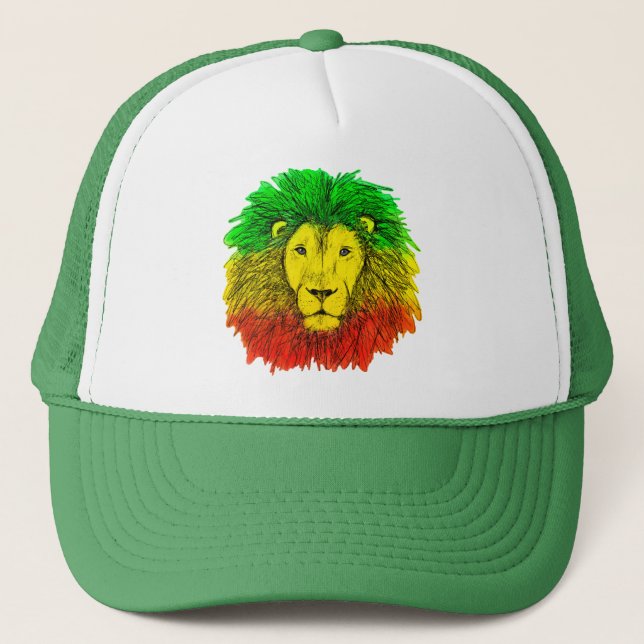 Gorra De Camionero Dibujo de cabeza de león Rasta rojo amarillo verde (Anverso)