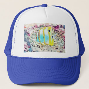 Gorra De Camionero Dibujo vintage de pez amarillo azul en camiseta ma