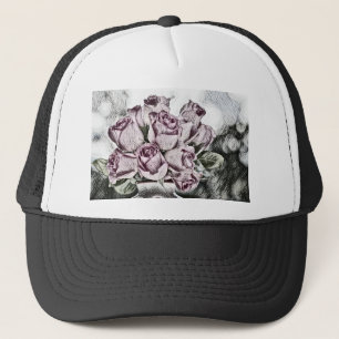 Gorra De Camionero Dibujo vintage del cubo de rosas rosadas