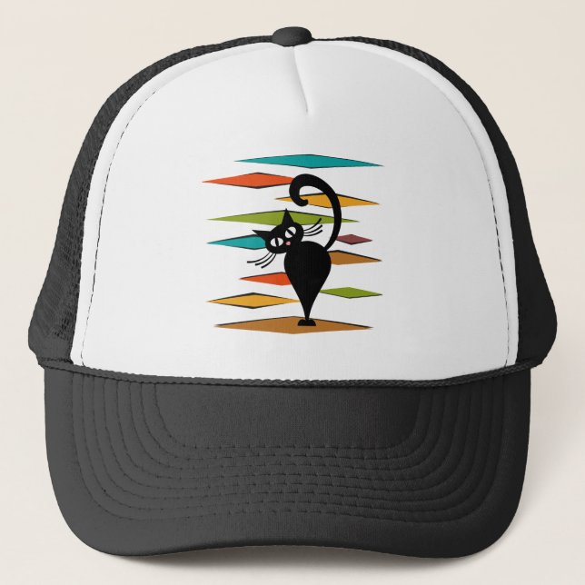 Gorra De Camionero Diseño de gato negro de Mid Century (Anverso)