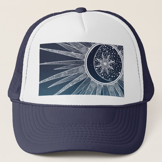 Gorra De Camionero Diseño de gradiente azul de la luna de sol blanca  (Anverso)