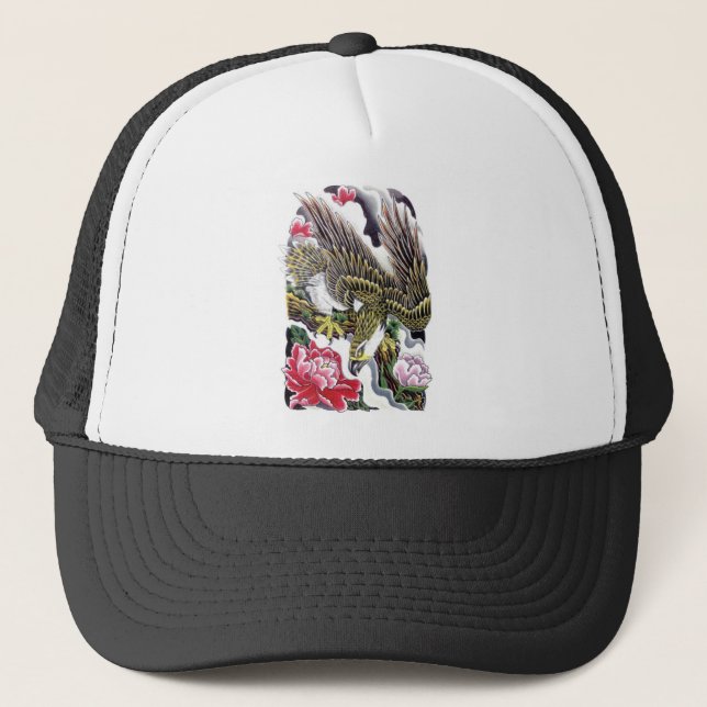 Gorra De Camionero Diseño de tatuajes de águila y crisantemo (Anverso)