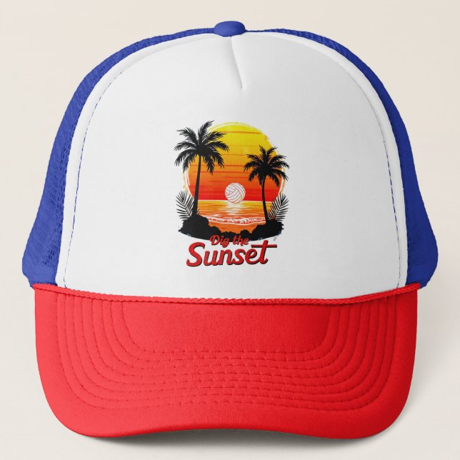 Gorra De Camionero Diseño del atardecer de voleibol "Dig the Sunset" (Anverso)
