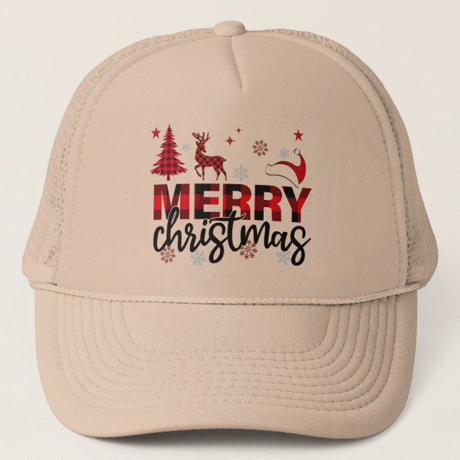 Gorra De Camionero Diseño navideño de búfalo negro y rojo (Anverso)