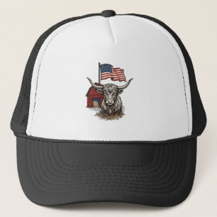 Gorra De Camionero Diseño vectorial de vaca Longhorn patriótica y gra