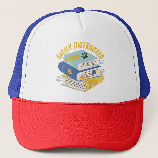 Gorra De Camionero Distracción fácil por gatos y libros (Anverso)