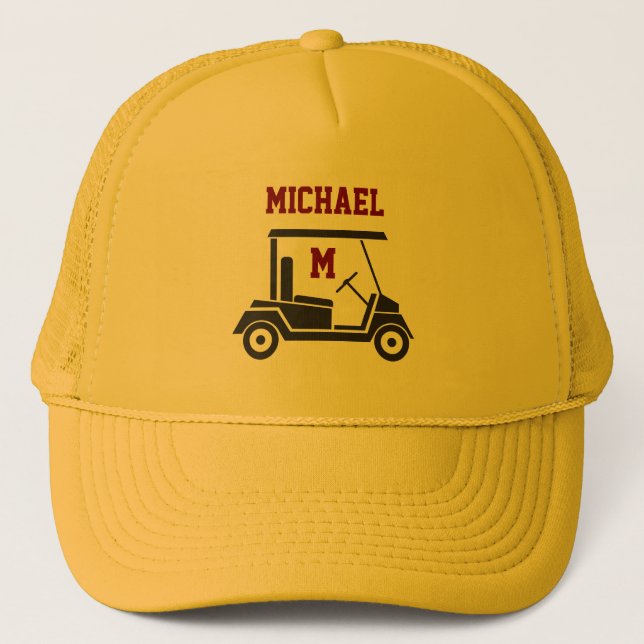 Gorra De Camionero Divertido Golf Guy Cart Monograma Nombre (Anverso)