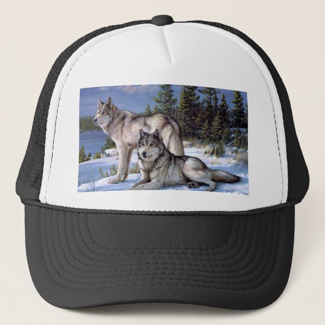 Gorra De Camionero Dos lobos árticos pintando (Anverso)