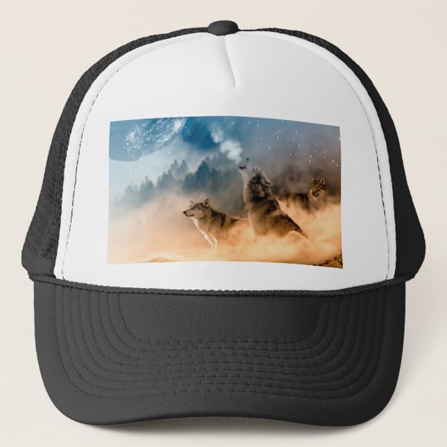 Gorra De Camionero Dos lobos aullan en la luna llena en el bosque (Anverso)