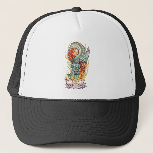 Gorra De Camionero Dragón japonés y flores del Lotus (Anverso)