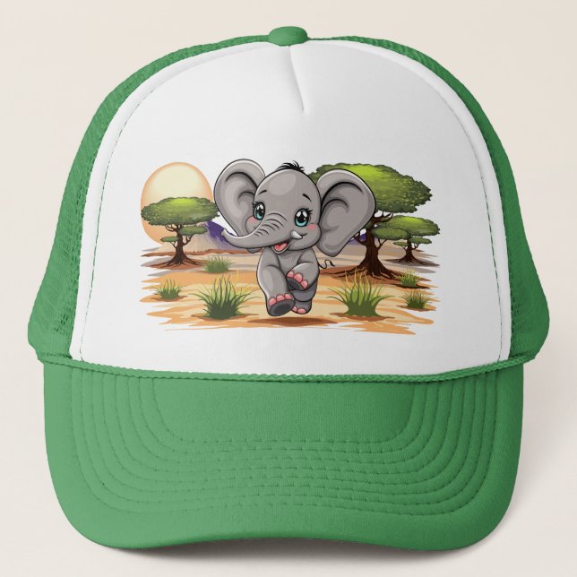 Gorra De Camionero El bebé elefante salta feliz en la sabana africana (Anverso)