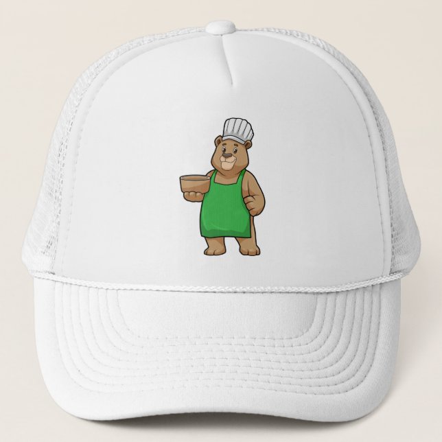 Gorra De Camionero El oso como cocinero con delantal de cocina y tazó (Anverso)