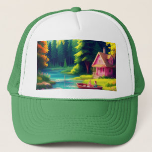 Gorra De Camionero El paisaje natural con la cabaña rosa