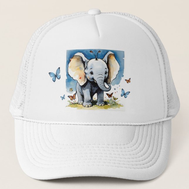 Gorra De Camionero Elefante bebé con mariposas y cielo azul (Anverso)