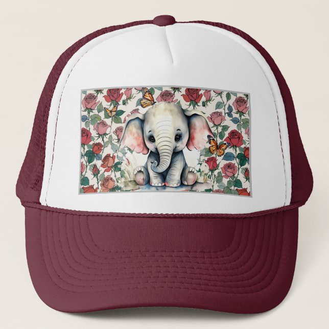 Gorra De Camionero Elefante bebé con Rosas y mariposas (Anverso)