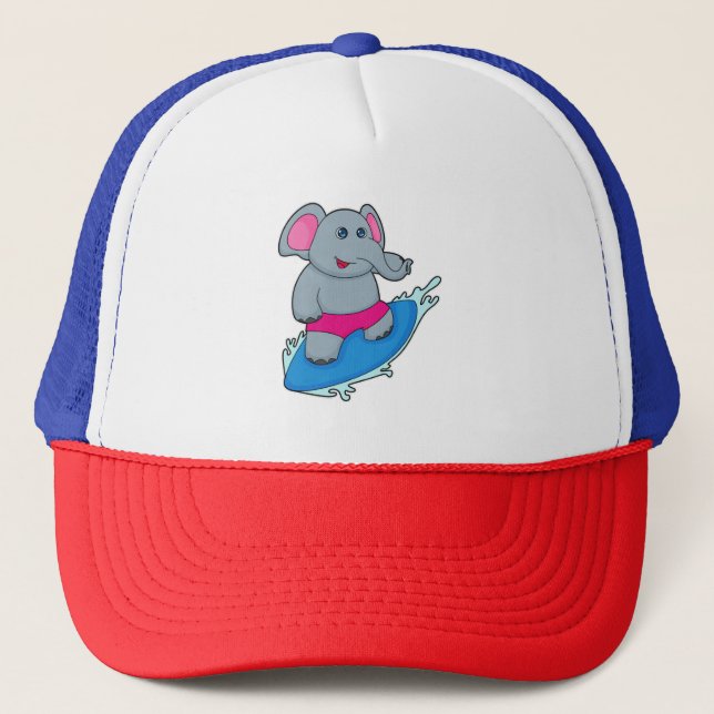 Gorra De Camionero Elefante como surfista con tabla de surf (Anverso)