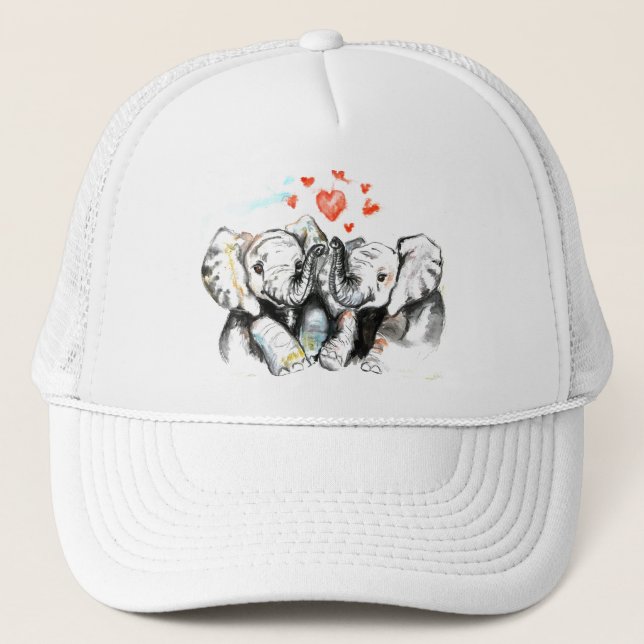 Gorra De Camionero Elefantes Pareja Amor Camionero Pintado de Sombrer (Anverso)