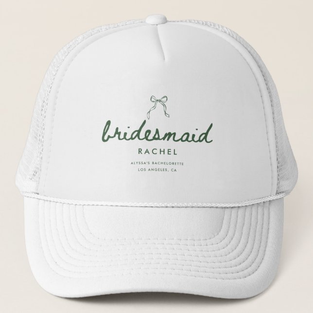 Gorra De Camionero Elegant Green Script Coquette Bridesmaid's Name (Anverso)