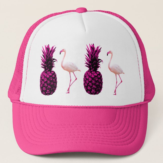 Gorra De Camionero Elegante piña rosada tropical y flamenco (Anverso)