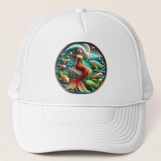 Gorra De Camionero Encantadora sirena sentada en una roca bajo una lu (Anverso)