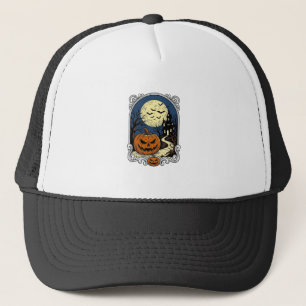 Gorra De Camionero Escena de calabaza embrujada arte vectorial vintag