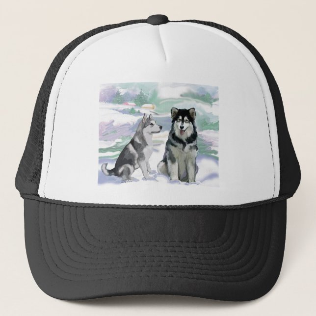 Gorra De Camionero Escena de invierno de Alaska Malamute (Anverso)