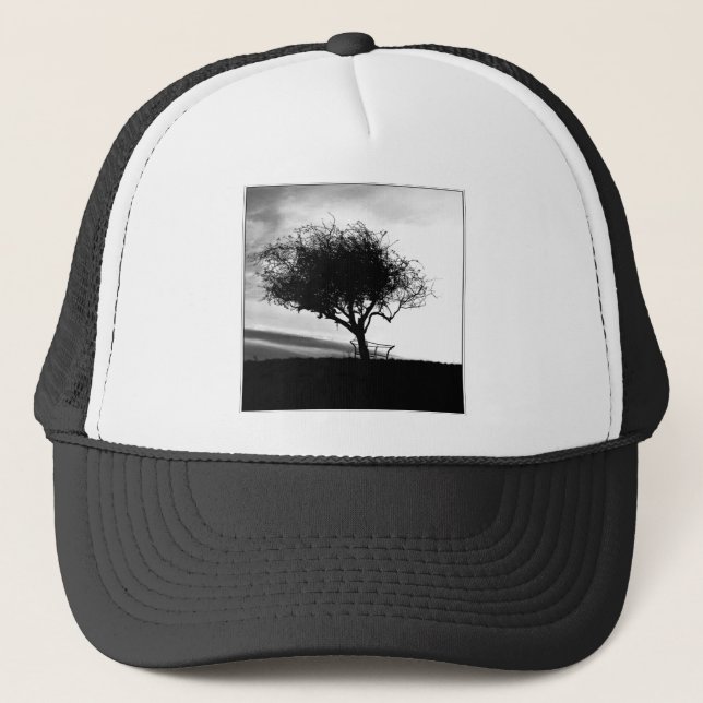 Gorra De Camionero Espino de Glastonbury. Árbol. Blanco y negro. (Anverso)
