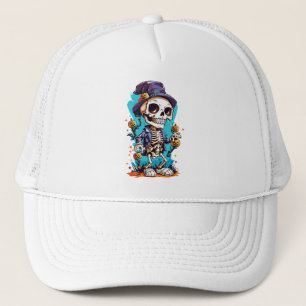 Gorra De Camionero Esqueleto colorido con calabaza de halloween