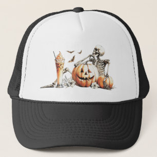 Gorra De Camionero Esqueleto con calabaza y bebida. Halloween.