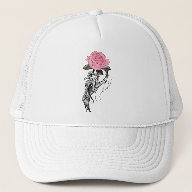 Gorra De Camionero Esqueleto De Mano De gótico Con Rosa Rosa Rosa Ros (Anverso)
