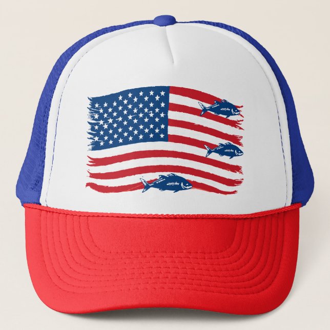 Gorra De Camionero Estilo vintage Pescado Bandera Americana Azul Rojo (Anverso)