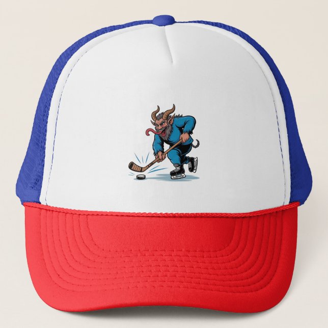 Gorra De Camionero Famoso Krampus jugando al hockey sobre hielo (Anverso)