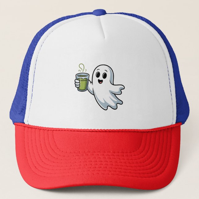 Gorra De Camionero Fantasma Halloween Fantasma Holding Matcha (Anverso)