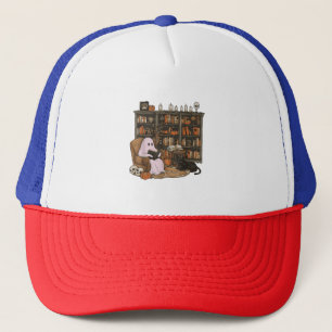 Gorra De Camionero Fantasma leyendo libro Amante de los gatos Hallowe