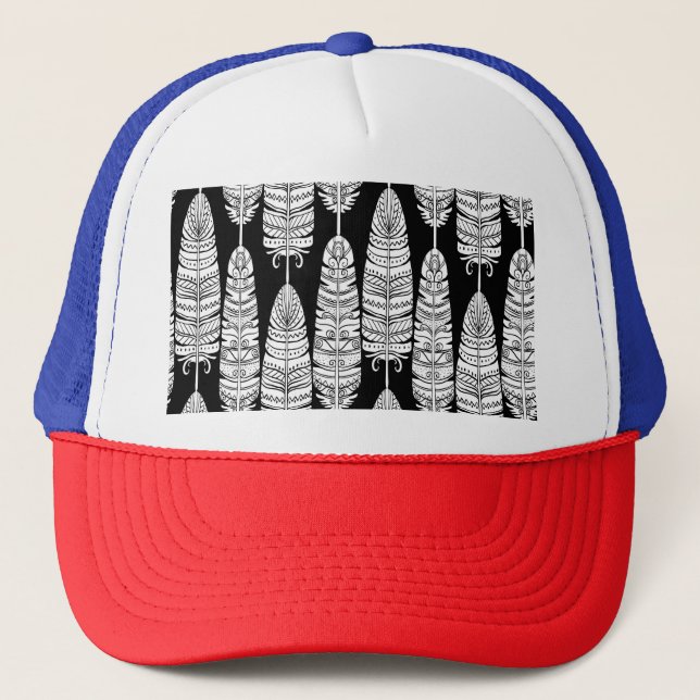 Gorra De Camionero Feathers boho: patrón blanco y negro (Anverso)
