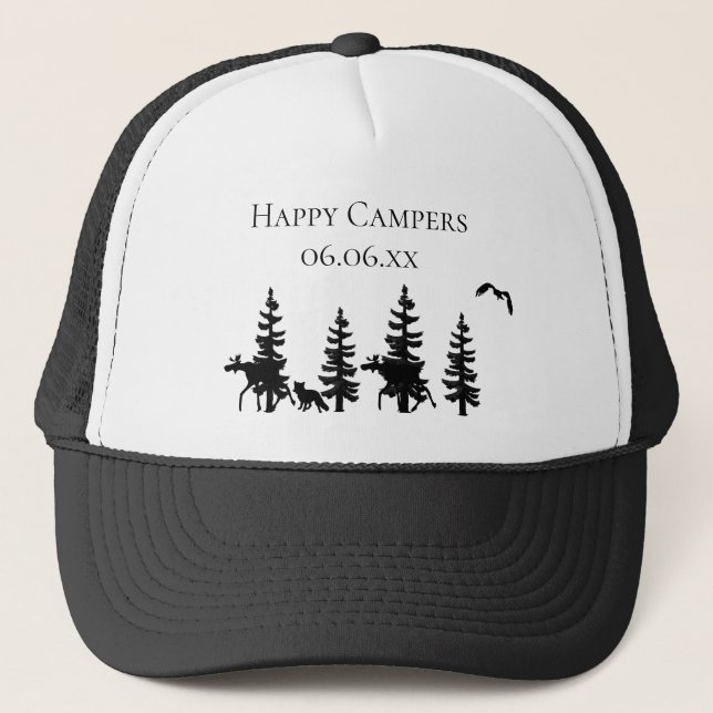 Gorra De Camionero Felices siluetas de vida silvestre campers negro (Anverso)