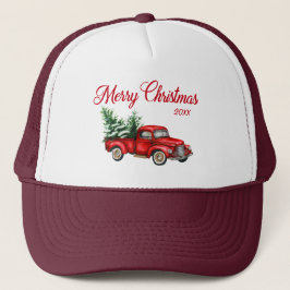 Gorra De Camionero Feliz año navideño Watercolor Vintage Camión Rojo