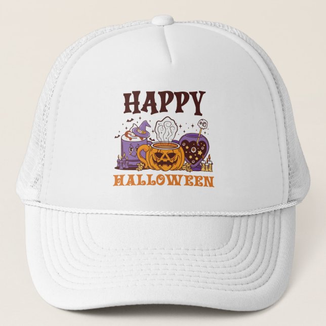 Gorra De Camionero Feliz café de Halloween Brew (Anverso)