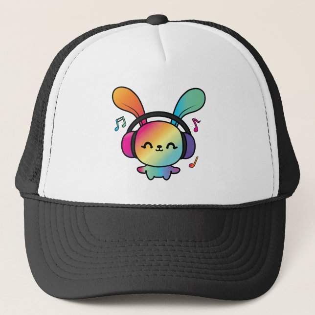 Gorra De Camionero Feliz Conejo con auriculares escuchando música. (Anverso)