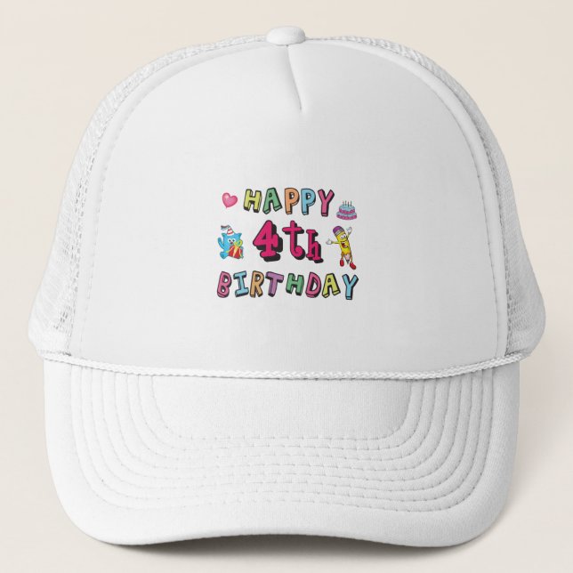 Gorra De Camionero Feliz cuarto cumpleaños, deseos de cuatro años al  (Anverso)