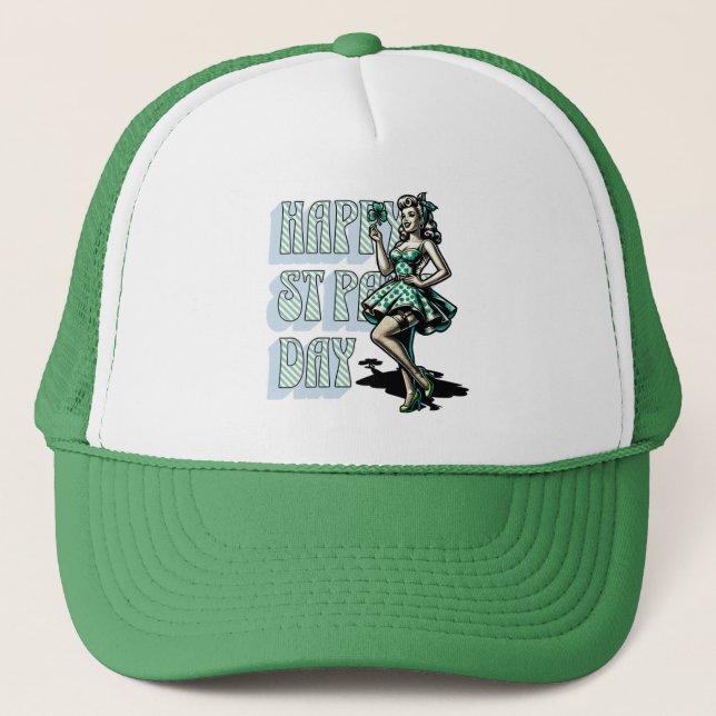 Gorra De Camionero Feliz Día de San Patricio Chica Pinup con Shamrock (Anverso)