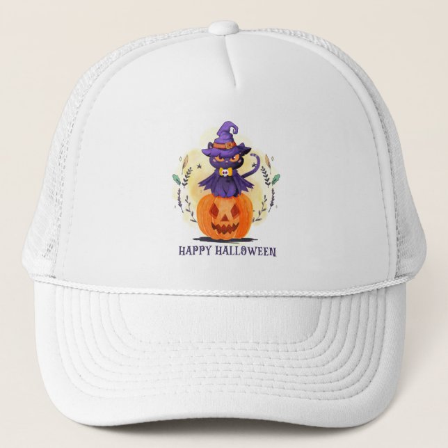Gorra De Camionero Feliz Halloween - Gato negro de brujas (Anverso)