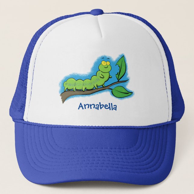 Gorra De Camionero Feliz ilustracion personalizado de oruga verde (Anverso)