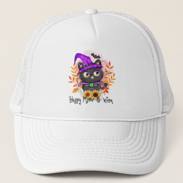 Gorra De Camionero Feliz Meow-o-ween-Black Witch Cat (Anverso)