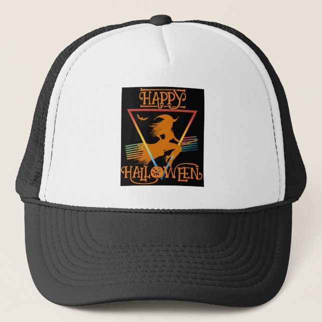 Gorra De Camionero Feliz Naranja negro de brujas de Halloween (Anverso)