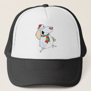 Gorra De Camionero Feliz oso de Papá Noel corre con bolsa