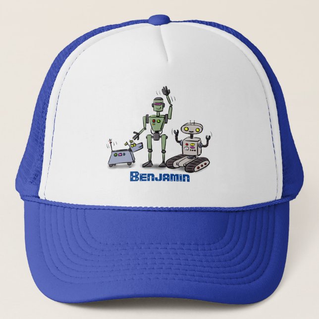 Gorra De Camionero Feliz personalizado de trío de robots lindos (Anverso)
