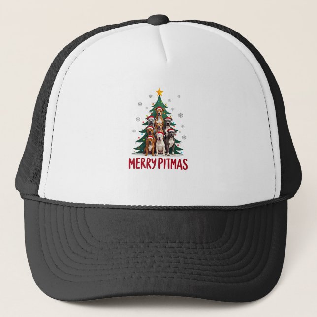 Gorra De Camionero Feliz Pitmas Pitbull Perro Suéter Feo De Navidad T (Anverso)